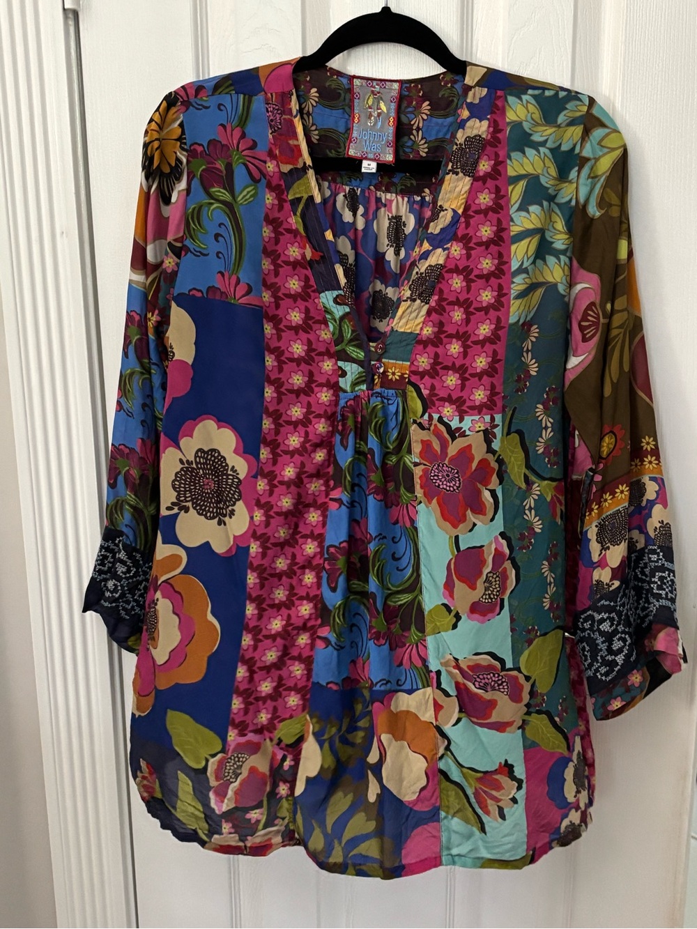 Johnny Was Multicolor Floral Patchwork Tunic - Pink Blue Green